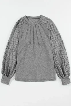 Best Dear-Lover Contrast Lace Raglan Sleeve Plicated Knit Top Gray