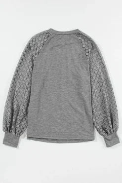 Best Dear-Lover Contrast Lace Raglan Sleeve Plicated Knit Top Gray