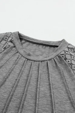 Best Dear-Lover Contrast Lace Raglan Sleeve Plicated Knit Top Gray