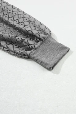 Best Dear-Lover Contrast Lace Raglan Sleeve Plicated Knit Top Gray