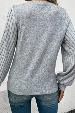 Discount Dear-Lover Contrast Ribbed Bishop Sleeve Top Gray