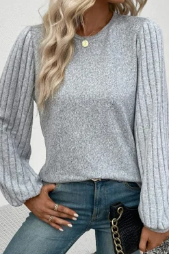 Discount Dear-Lover Contrast Ribbed Bishop Sleeve Top Gray