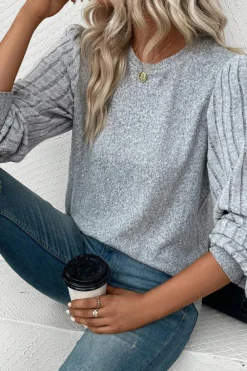 Discount Dear-Lover Contrast Ribbed Bishop Sleeve Top Gray