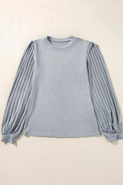 Discount Dear-Lover Contrast Ribbed Bishop Sleeve Top Gray