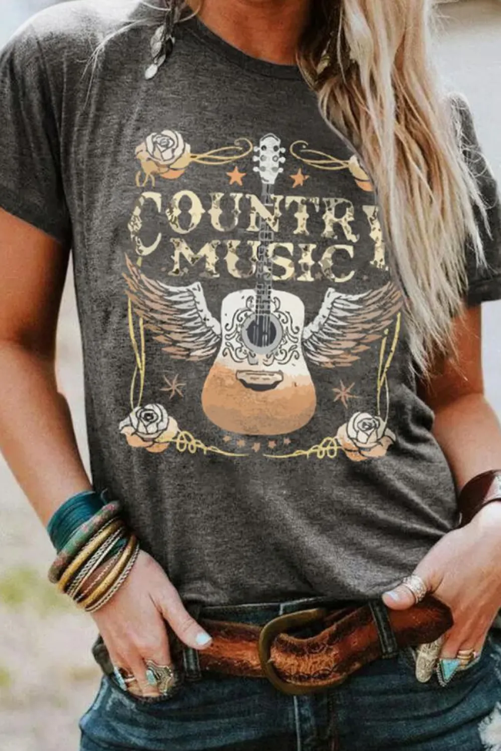Online Dear-Lover COUNTRY MUSIC Guitar Graphic Print Crew Neck T Shirt Gray