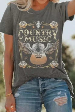 Online Dear-Lover COUNTRY MUSIC Guitar Graphic Print Crew Neck T Shirt Gray