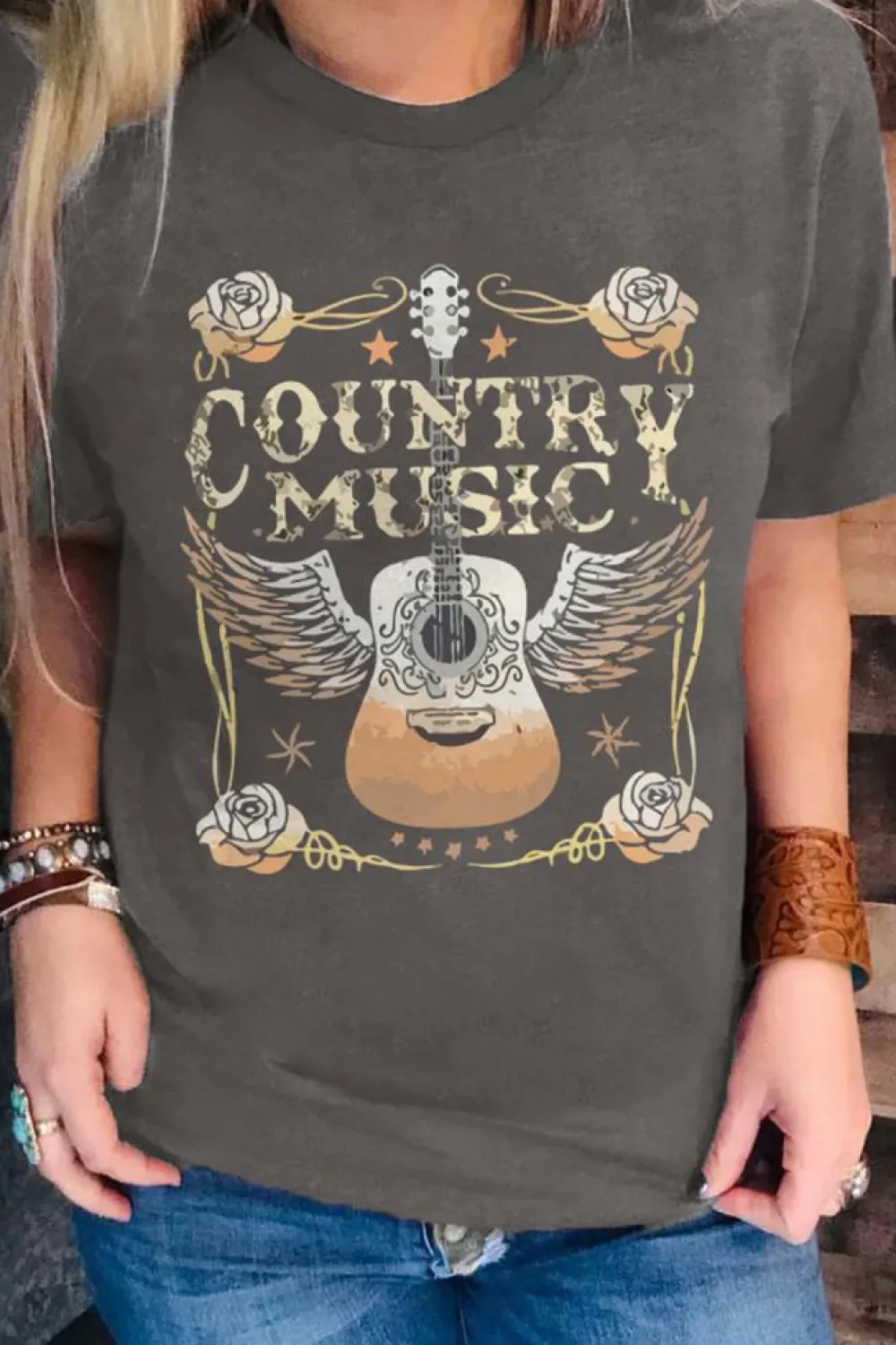 Online Dear-Lover COUNTRY MUSIC Guitar Graphic Print Crew Neck T Shirt Gray