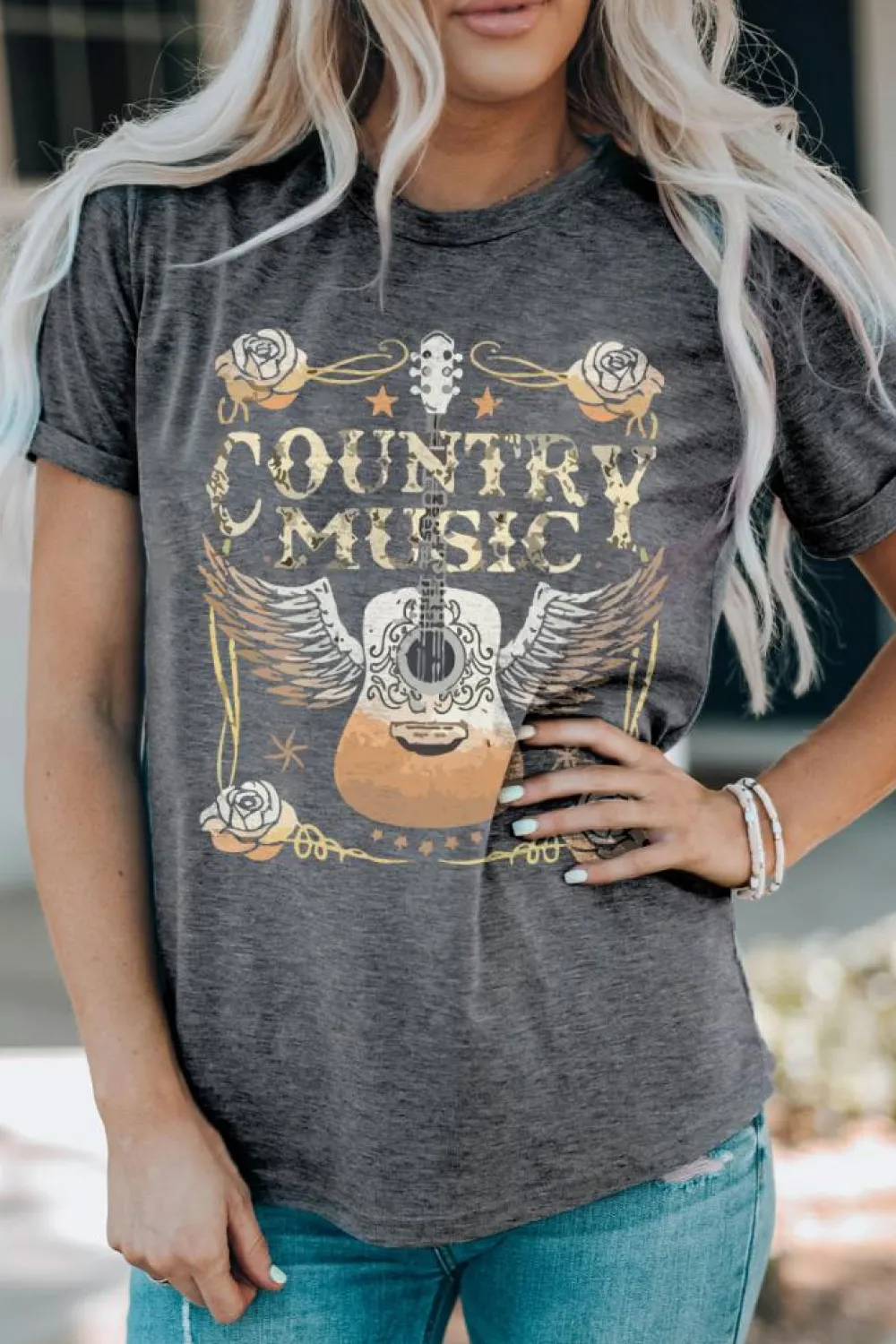 Online Dear-Lover COUNTRY MUSIC Guitar Graphic Print Crew Neck T Shirt Gray
