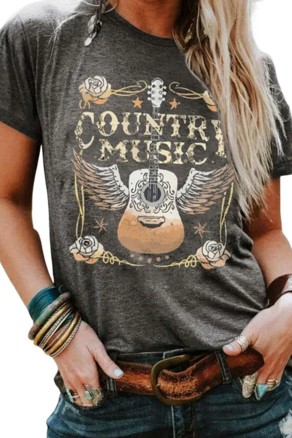 Online Dear-Lover COUNTRY MUSIC Guitar Graphic Print Crew Neck T Shirt Gray