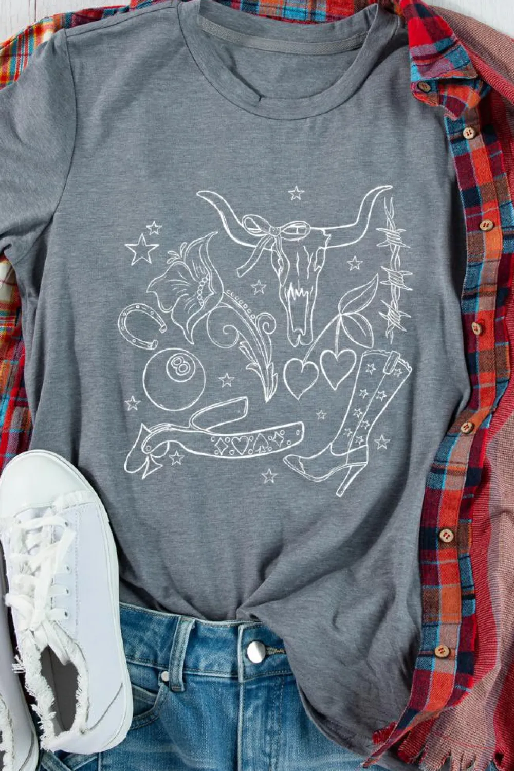 Fashion Dear-Lover Cowgirl Boots OX Head Western Fashion Print Crewneck Tee Gray