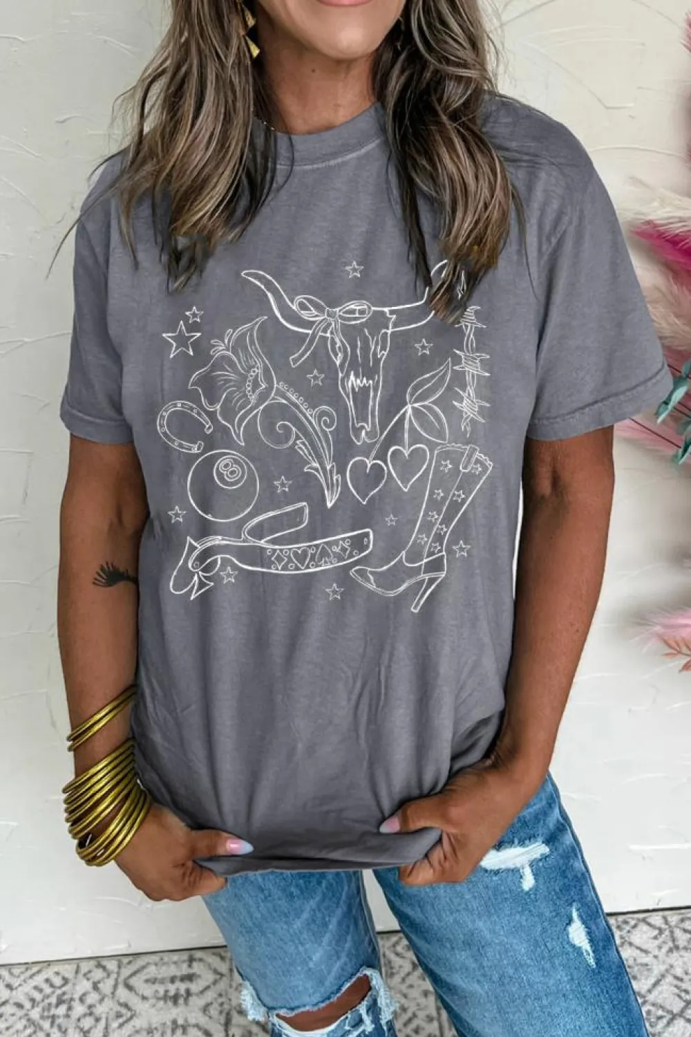 Fashion Dear-Lover Cowgirl Boots OX Head Western Fashion Print Crewneck Tee Gray