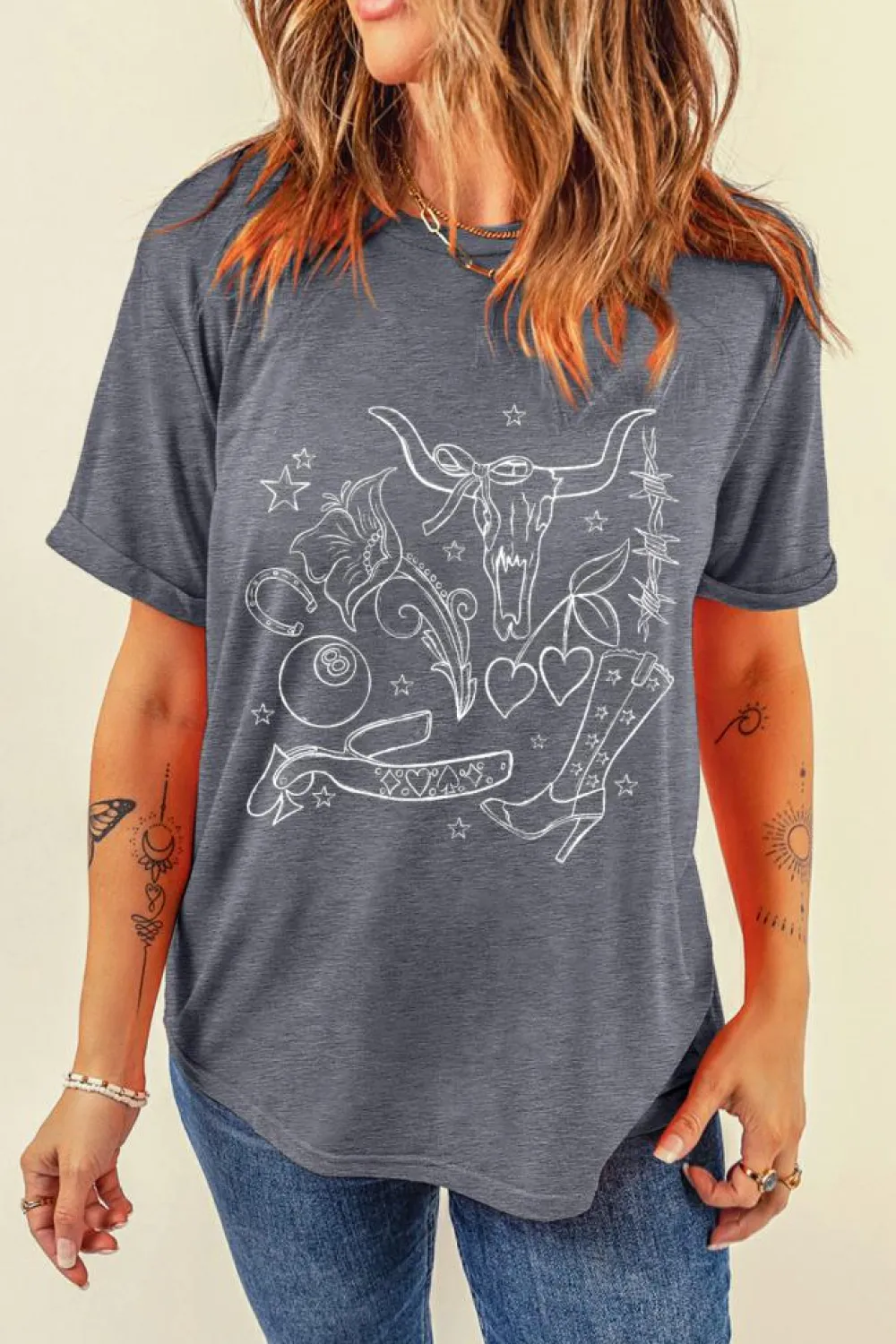 Fashion Dear-Lover Cowgirl Boots OX Head Western Fashion Print Crewneck Tee Gray