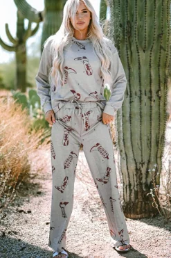 Online Dear-Lover Cowgirl Boots Printed Long Sleeve Top Pants Lounge Set Gray