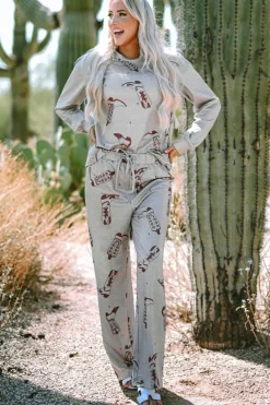 Online Dear-Lover Cowgirl Boots Printed Long Sleeve Top Pants Lounge Set Gray