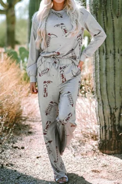 Online Dear-Lover Cowgirl Boots Printed Long Sleeve Top Pants Lounge Set Gray
