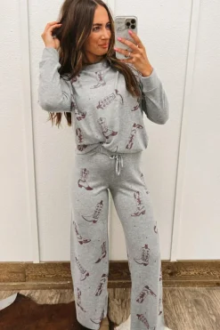 Online Dear-Lover Cowgirl Boots Printed Long Sleeve Top Pants Lounge Set Gray