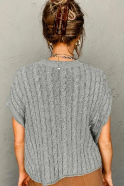 Sale Dear-Lover Crew Neck Cable Knit Short Sleeve Sweater Gray