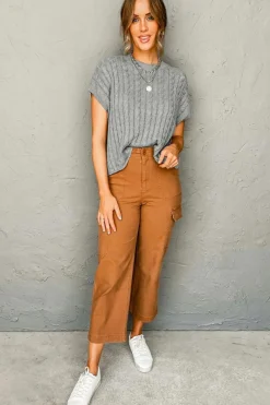 Sale Dear-Lover Crew Neck Cable Knit Short Sleeve Sweater Gray