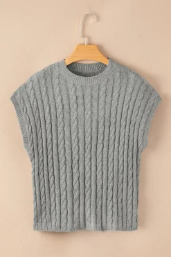 Sale Dear-Lover Crew Neck Cable Knit Short Sleeve Sweater Gray