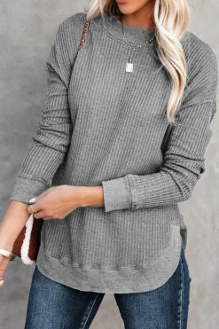 Hot Dear-Lover Crew Neck Ribbed Trim Waffle Knit Top Gray