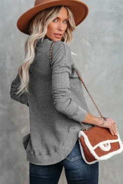 Hot Dear-Lover Crew Neck Ribbed Trim Waffle Knit Top Gray