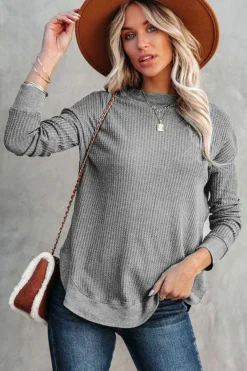 Hot Dear-Lover Crew Neck Ribbed Trim Waffle Knit Top Gray