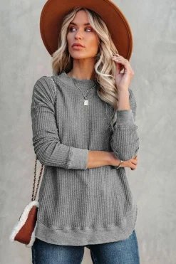 Hot Dear-Lover Crew Neck Ribbed Trim Waffle Knit Top Gray