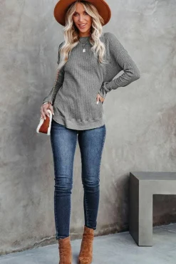 Hot Dear-Lover Crew Neck Ribbed Trim Waffle Knit Top Gray