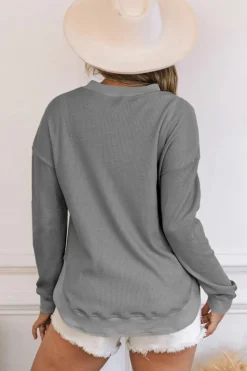 Hot Dear-Lover Crew Neck Ribbed Trim Waffle Knit Top Gray