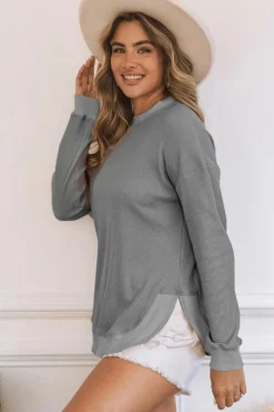 Hot Dear-Lover Crew Neck Ribbed Trim Waffle Knit Top Gray