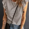 Clearance Dear-Lover Crew Neck Ruffled Striped Tank Top Gray