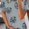 Fashion Dear-Lover Crew Neck Tropical Plants Print T-shirt Gray