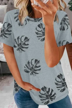Fashion Dear-Lover Crew Neck Tropical Plants Print T-shirt Gray