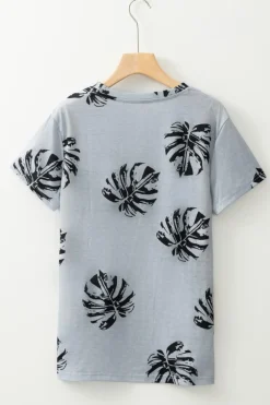 Fashion Dear-Lover Crew Neck Tropical Plants Print T-shirt Gray