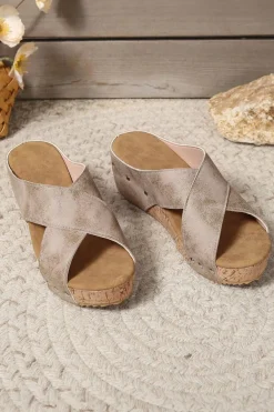 New Dear-Lover Criss Cross Cut Out PU Leather Wedge Slippers Gray