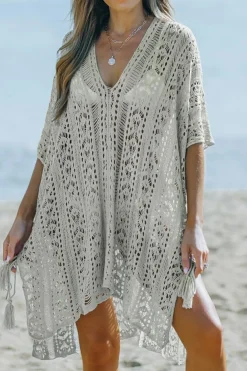 Online Dear-Lover Crochet Knitted Tassel Tie High Low Beachwear Gray