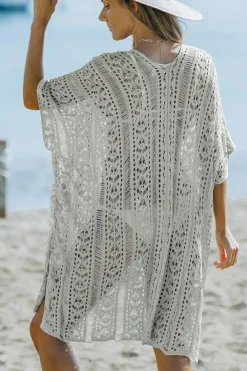 Online Dear-Lover Crochet Knitted Tassel Tie High Low Beachwear Gray