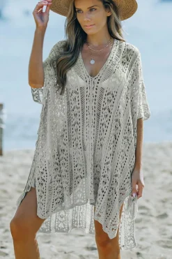Online Dear-Lover Crochet Knitted Tassel Tie High Low Beachwear Gray