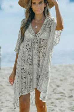 Online Dear-Lover Crochet Knitted Tassel Tie High Low Beachwear Gray