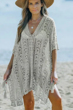 Online Dear-Lover Crochet Knitted Tassel Tie High Low Beachwear Gray