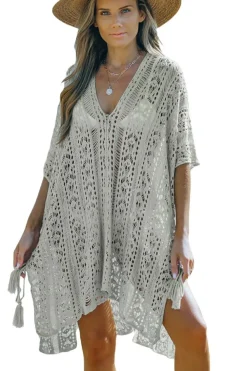 Online Dear-Lover Crochet Knitted Tassel Tie High Low Beachwear Gray