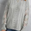 Fashion Dear-Lover Crochet Lace Pointelle Knit Sweater Gray