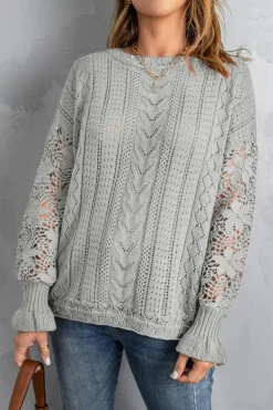 Fashion Dear-Lover Crochet Lace Pointelle Knit Sweater Gray