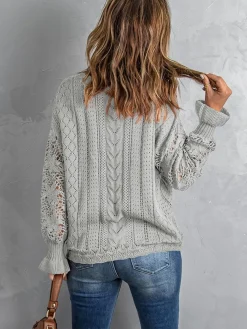 Fashion Dear-Lover Crochet Lace Pointelle Knit Sweater Gray