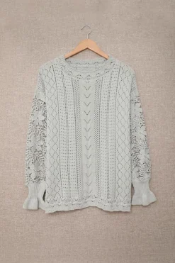 Fashion Dear-Lover Crochet Lace Pointelle Knit Sweater Gray