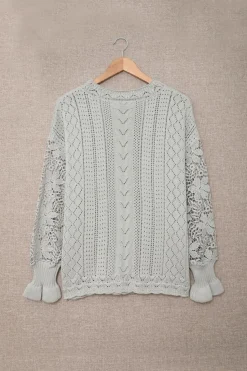 Fashion Dear-Lover Crochet Lace Pointelle Knit Sweater Gray