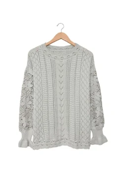 Fashion Dear-Lover Crochet Lace Pointelle Knit Sweater Gray