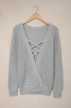 Discount Dear-Lover Cross Back Hollow-out Sweater Gray
