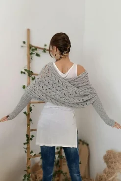 Discount Dear-Lover Cross Detail Hollowed Knit Scarf with Sleeves Gray