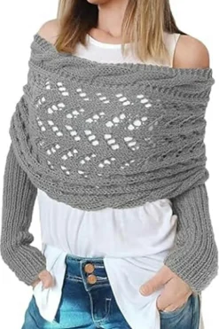 Discount Dear-Lover Cross Detail Hollowed Knit Scarf with Sleeves Gray